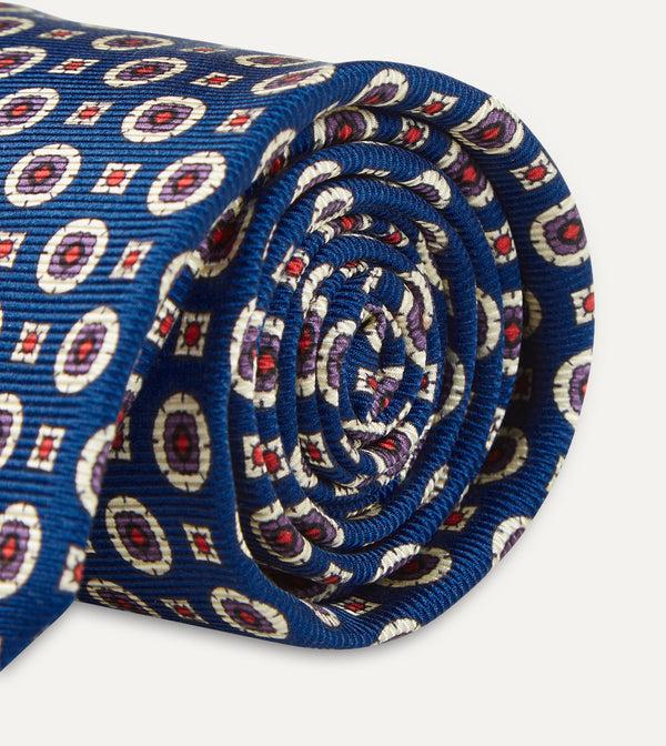 Drake's Blue And Red Geometric Medallion Print Silk Foulard Tie
