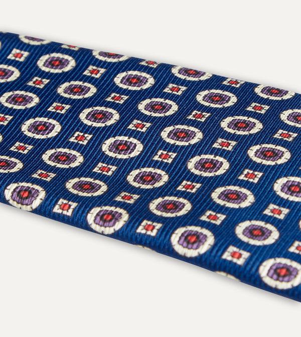 Drake's Blue And Red Geometric Medallion Print Silk Foulard Tie