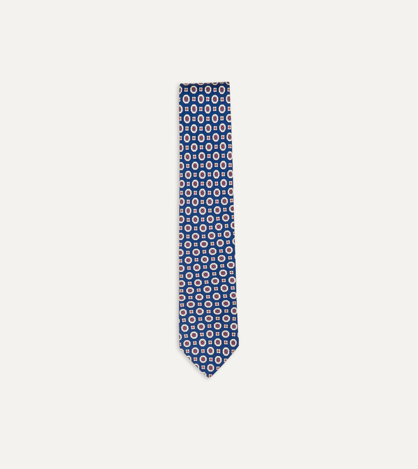 drake's Blue and Red Geometric Medallion Print Silk Foulard Tie