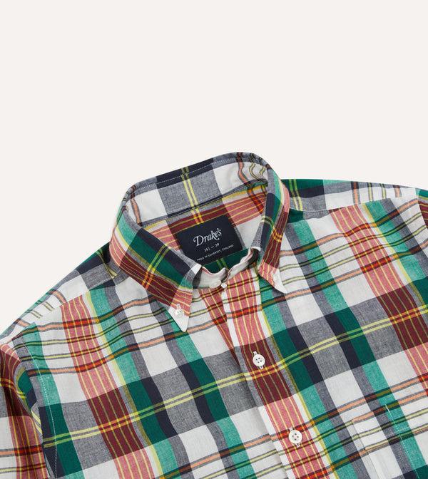 Drake's Blue And Red Madras Check Cotton Button-Down Shirt