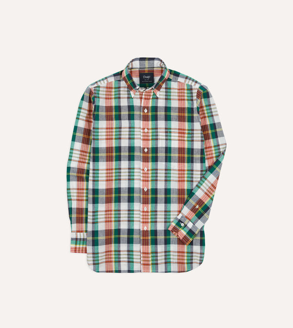 drake's Blue and Red Madras Check Cotton Button-Down Shirt