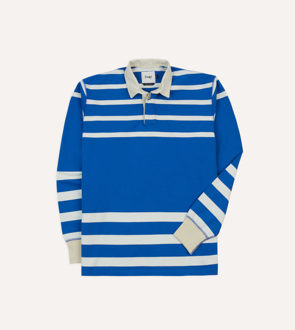 drake's Blue and White Dual Stripe Cotton Rugby Shirt