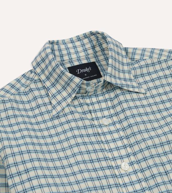 Drake's Blue And White Madras Check Cotton Long Point Collar Shirt