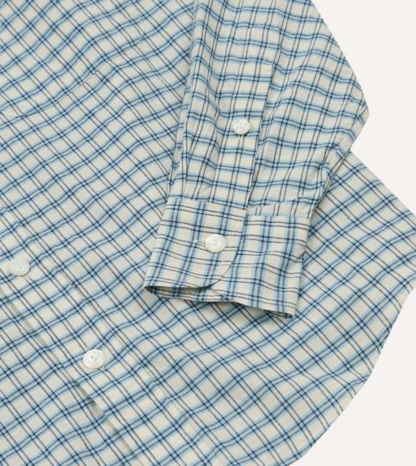 Drake's Blue And White Madras Check Cotton Long Point Collar Shirt