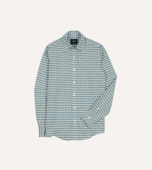 drake's Blue and White Madras Check Cotton Long Point Collar Shirt