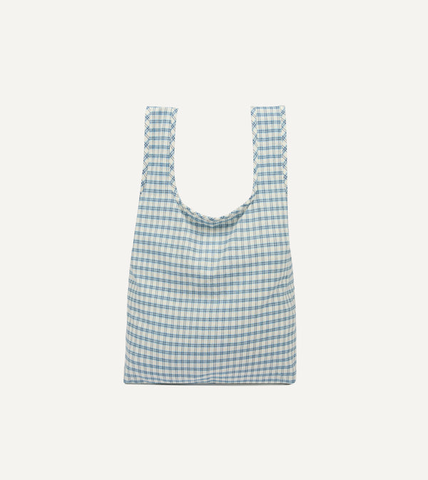 drake's Blue and White Madras Check Cotton Market Tote Bag