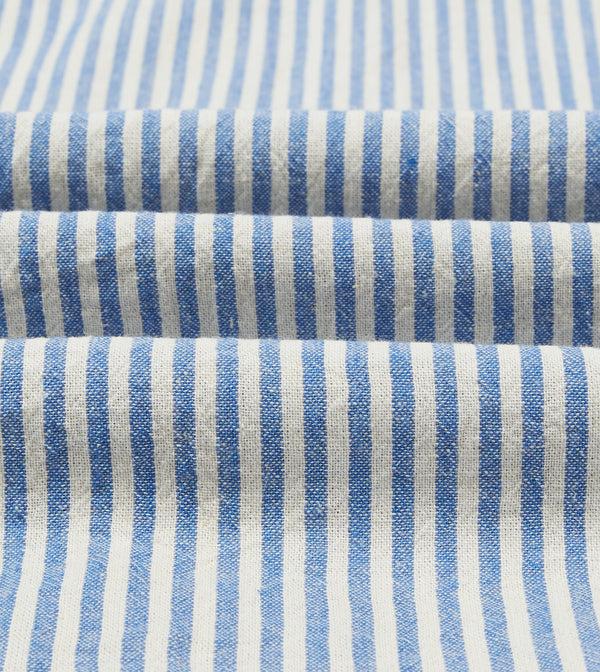 Drake's Blue And White Stripe Cotton-Linen Camp Collar Short Sleeve Shirt