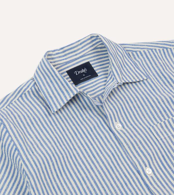 Drake's Blue And White Stripe Cotton-Linen Camp Collar Short Sleeve Shirt
