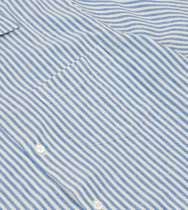Drake's Blue And White Stripe Cotton-Linen Camp Collar Short Sleeve Shirt