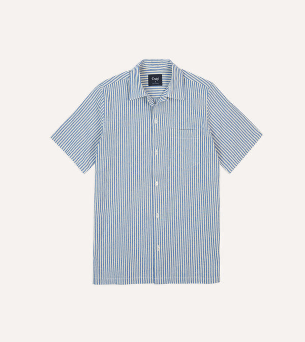 drake's Blue and White Stripe Cotton-Linen Camp Collar Short Sleeve Shirt