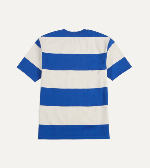 Drake's Blue And White Wide Stripe Heavy Cotton Crew Neck Hiking T-Shirt