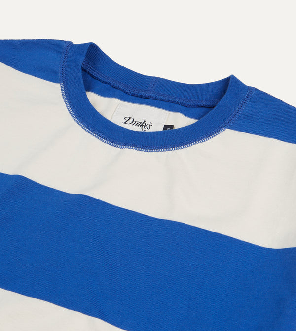 Drake's Blue And White Wide Stripe Heavy Cotton Crew Neck Hiking T-Shirt