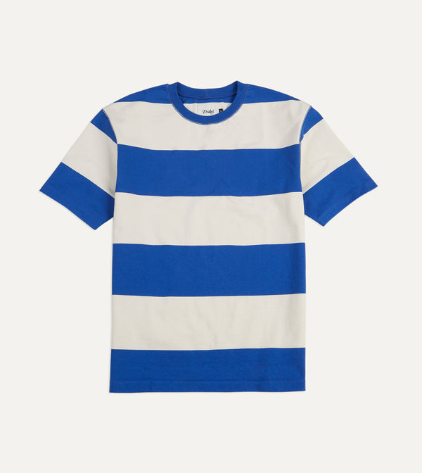 drake's Blue and White Wide Stripe Heavy Cotton Crew Neck Hiking T-Shirt