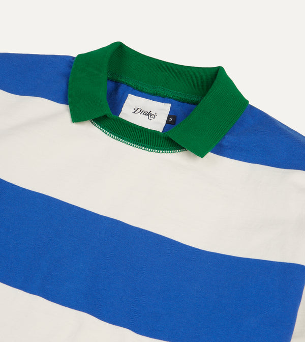 Drake's Blue And White Wide Stripe Mock Collar Long-Sleeve Jersey