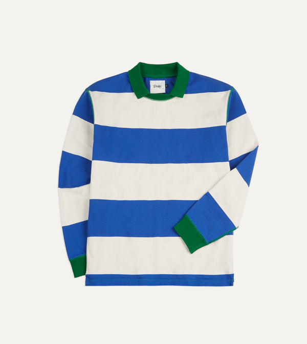 drake's Blue and White Wide Stripe Mock Collar Long-Sleeve Jersey