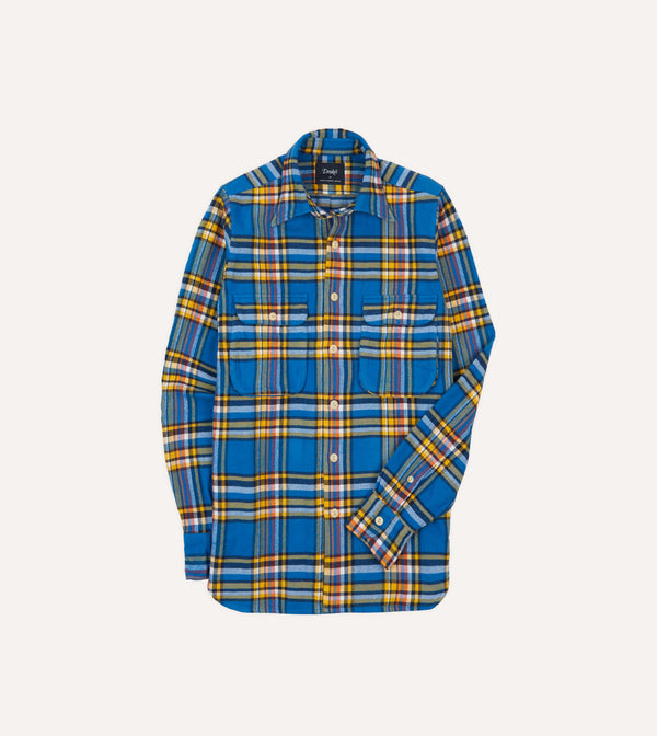 drake's Blue and Yellow Check Brushed Cotton Two-Pocket Work Shirt