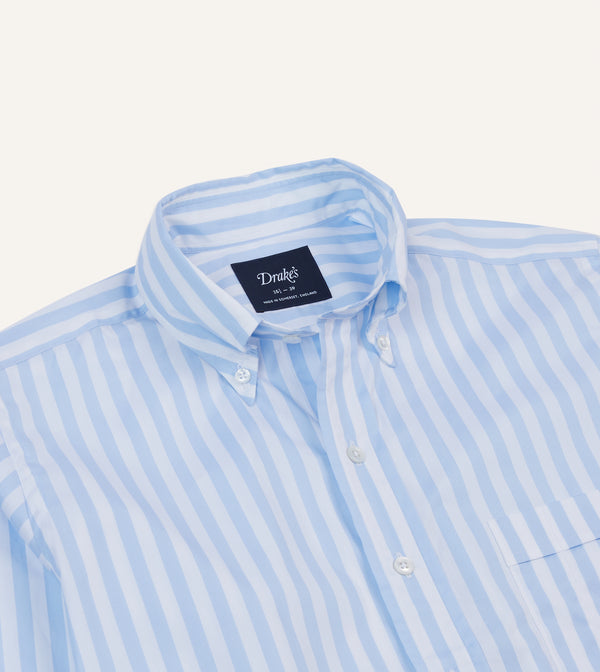 Drake's Blue Broad Stripe Cotton Poplin Button-Down Shirt