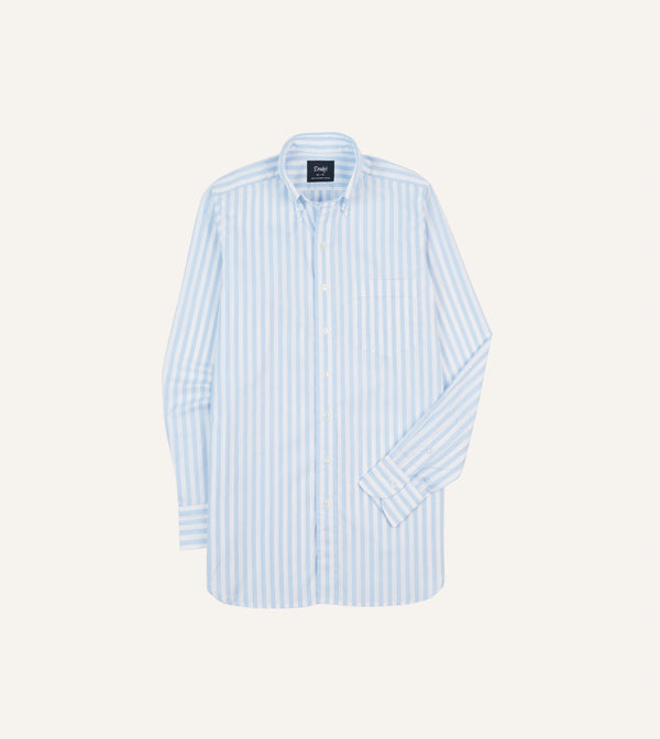 drake's Blue Broad Stripe Cotton Poplin Button-Down Shirt