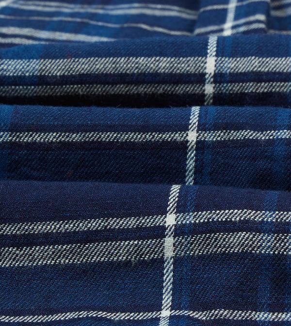 Drake's Blue Check Cotton Long Point Collar Work Shirt