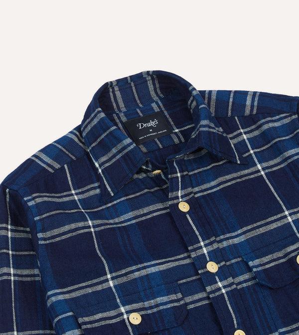 Drake's Blue Check Cotton Long Point Collar Work Shirt