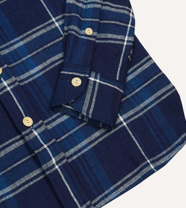 Drake's Blue Check Cotton Long Point Collar Work Shirt