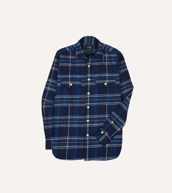drake's Blue Check Cotton Long Point Collar Work Shirt
