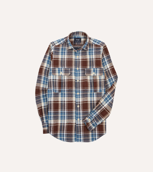 drake's Blue Check Heavy Cotton Two-Pocket Work Shirt
