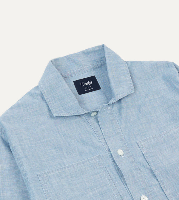 Drake's Blue Cotton Chambray Spread Collar Popover Shirt