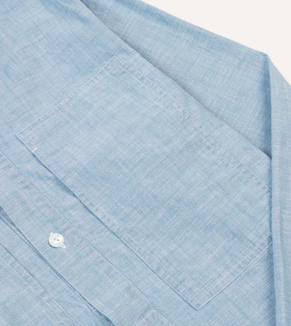 Drake's Blue Cotton Chambray Spread Collar Popover Shirt