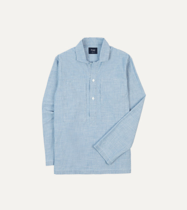 drake's Blue Cotton Chambray Spread Collar Popover Shirt