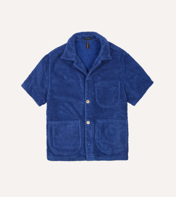 drake's Blue Cotton Terry Towelling Short Sleeve Safari Shirt