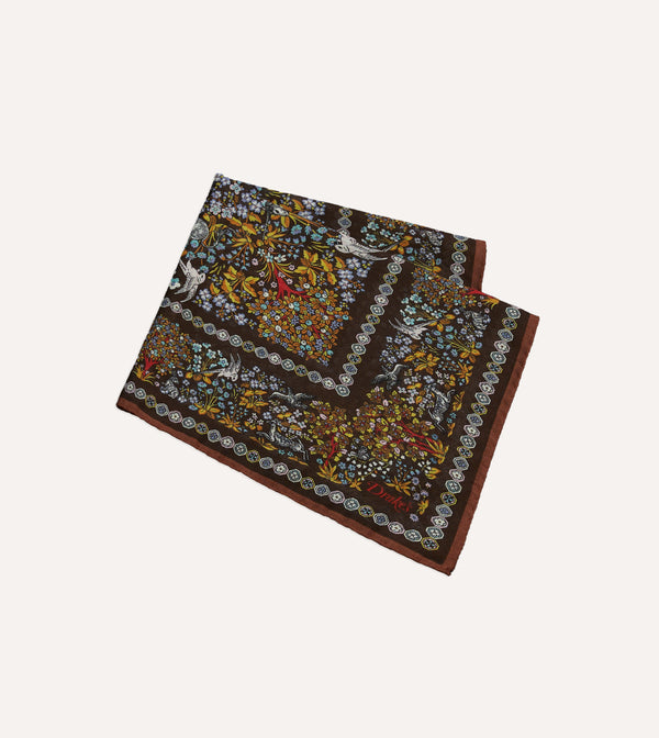 Drake's Blue Floral Unicorn Print Wool-Silk Pocket Square