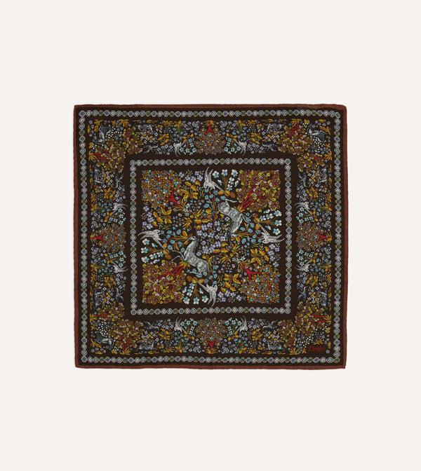 drake's Blue Floral Unicorn Print Wool-Silk Pocket Square