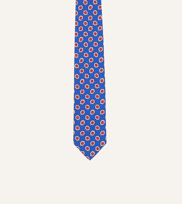 Drake's Blue Hexagon Tile Print Silk Self-Tipped Tie