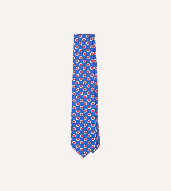 drake's Blue Hexagon Tile Print Silk Self-Tipped Tie