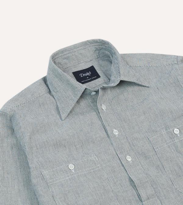 Drake's Blue Hickory Stripe Cotton Long Point Collar Popover Shirt