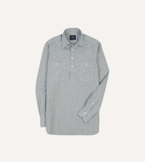 drake's Blue Hickory Stripe Cotton Long Point Collar Popover Shirt