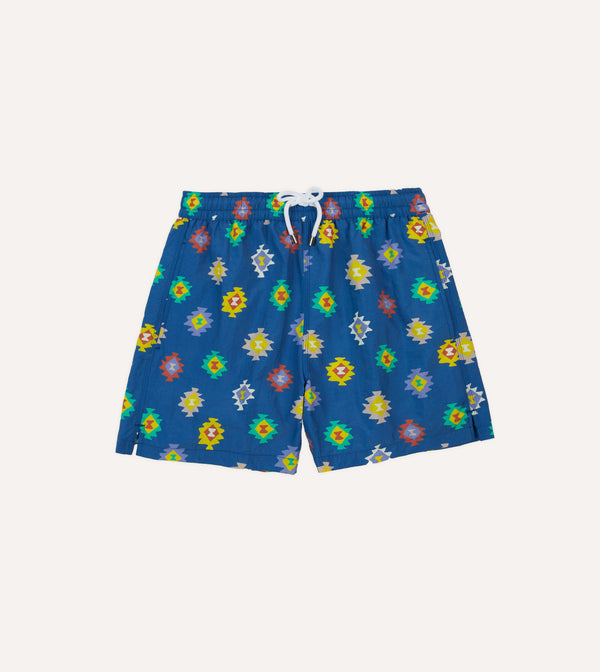 drake's Blue Kilim Print Nylon Drawstring Swim Shorts