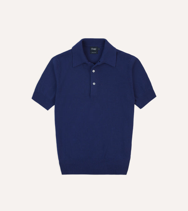 drake's Blue Knitted Crepe Cotton Short-Sleeve Polo Shirt