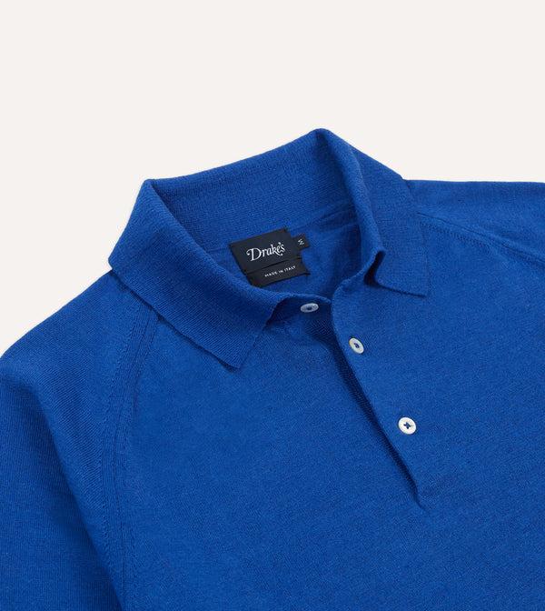 Drake's Blue Linen-Cotton Knitted Long-Sleeve Polo Shirt