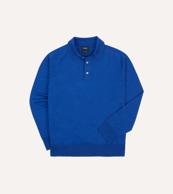 drake's Blue Linen-Cotton Knitted Long-Sleeve Polo Shirt