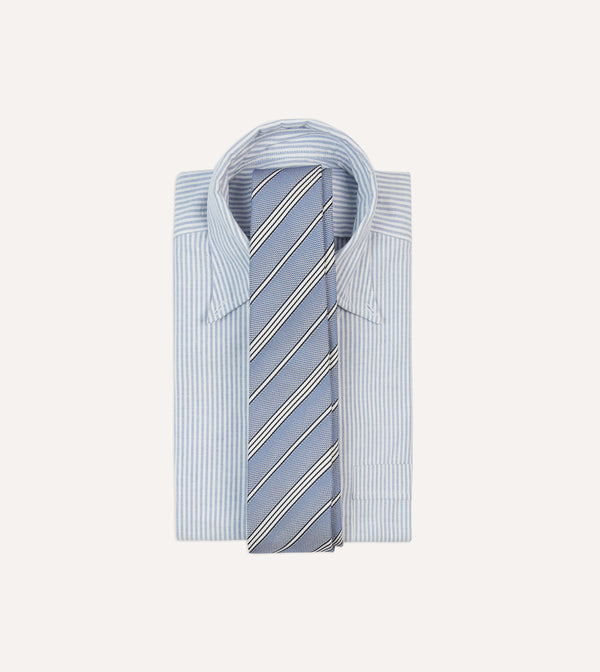 Drake's Blue Navy And Ecru Twill Stripe Tipped Silk Grenadine Tie