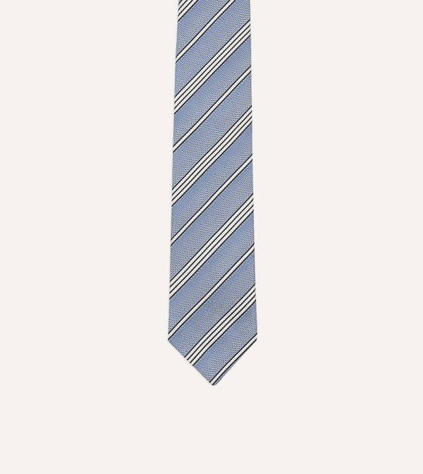 Drake's Blue Navy And Ecru Twill Stripe Tipped Silk Grenadine Tie