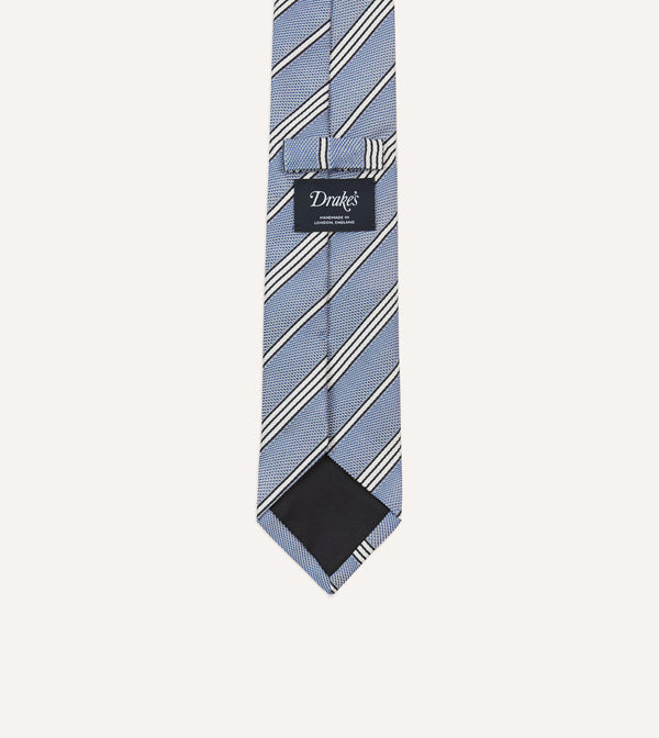 Drake's Blue Navy And Ecru Twill Stripe Tipped Silk Grenadine Tie