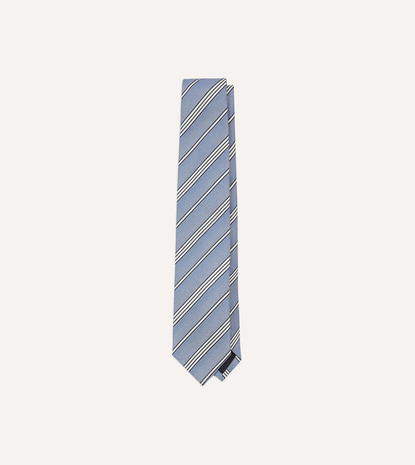 drake's Blue Navy and Ecru Twill Stripe Tipped Silk Grenadine Tie