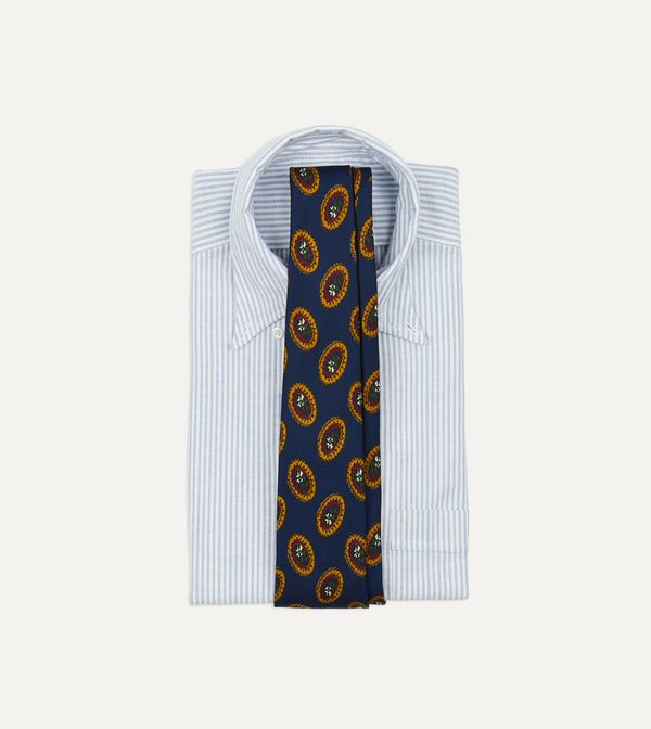 Drake's Blue Oval Medallion Print Silk Self Tipped Tie