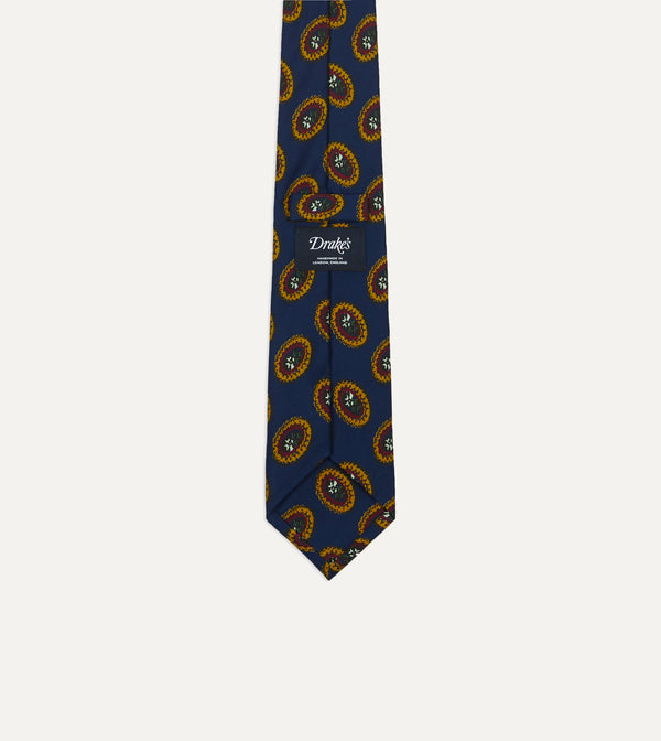 Drake's Blue Oval Medallion Print Silk Self Tipped Tie