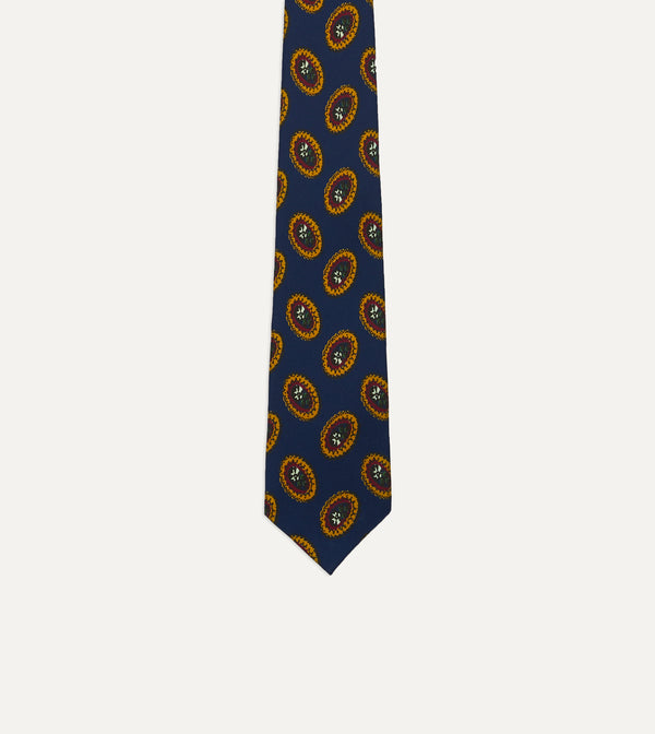 Drake's Blue Oval Medallion Print Silk Self Tipped Tie