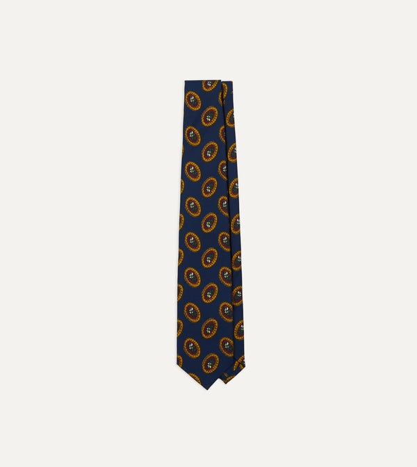 drake's Blue Oval Medallion Print Silk Self Tipped Tie