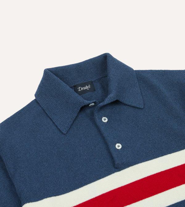 Drake's Blue Stripe Knitted Crepe Cotton Short-Sleeve Polo Shirt